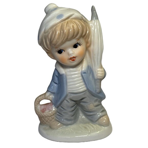Vintage Porcelain Figurine – Boy with Umbrella & Basket – Blue Jacket & Hat - Picture 1 of 4
